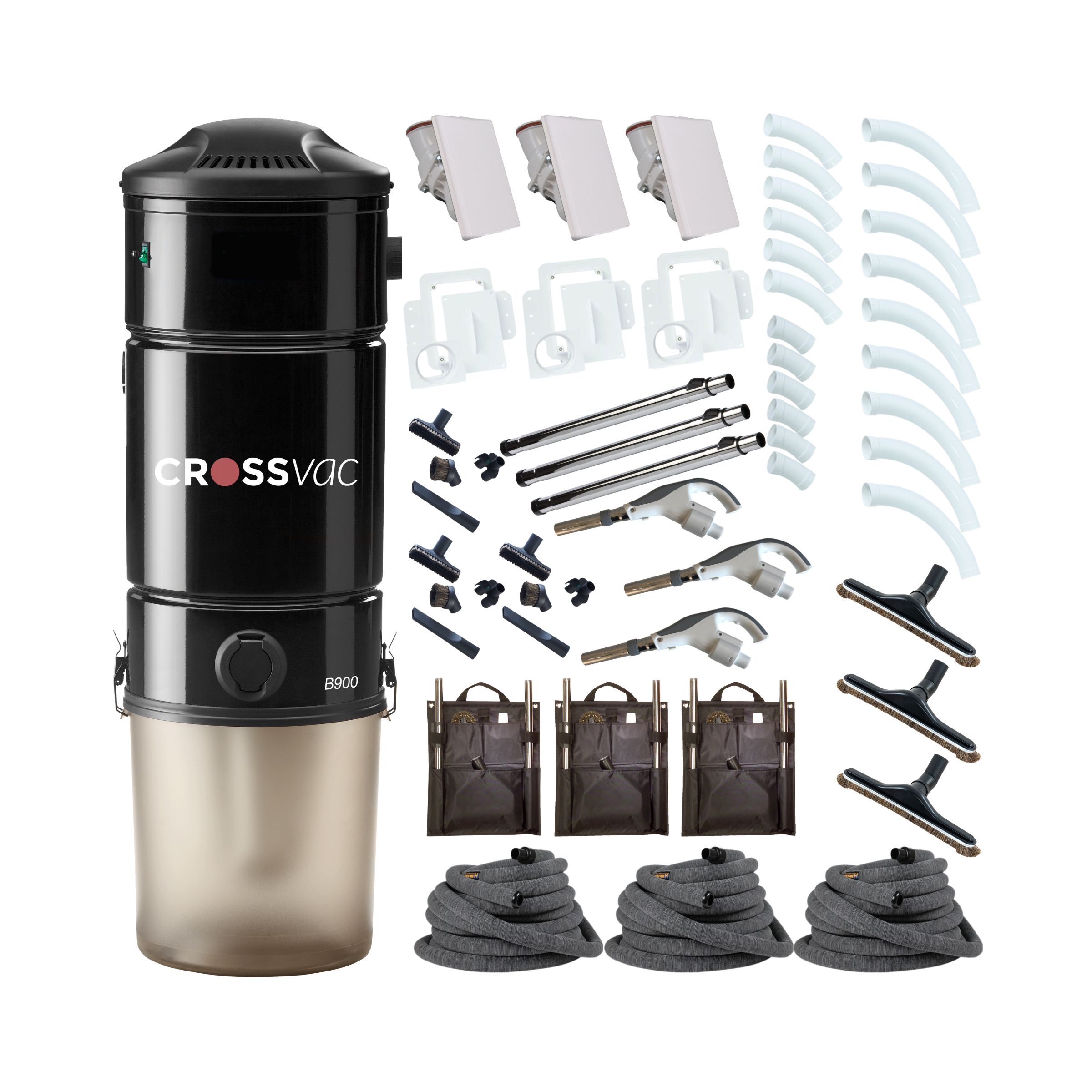 Zentralstaubsauger B900, 3x Hide-a-Hose Schlaucheinzug & Installationsmaterial Zentralstaubsauger B900, 3x Hide-a-Hose Schlaucheinzug & Installationsmaterial