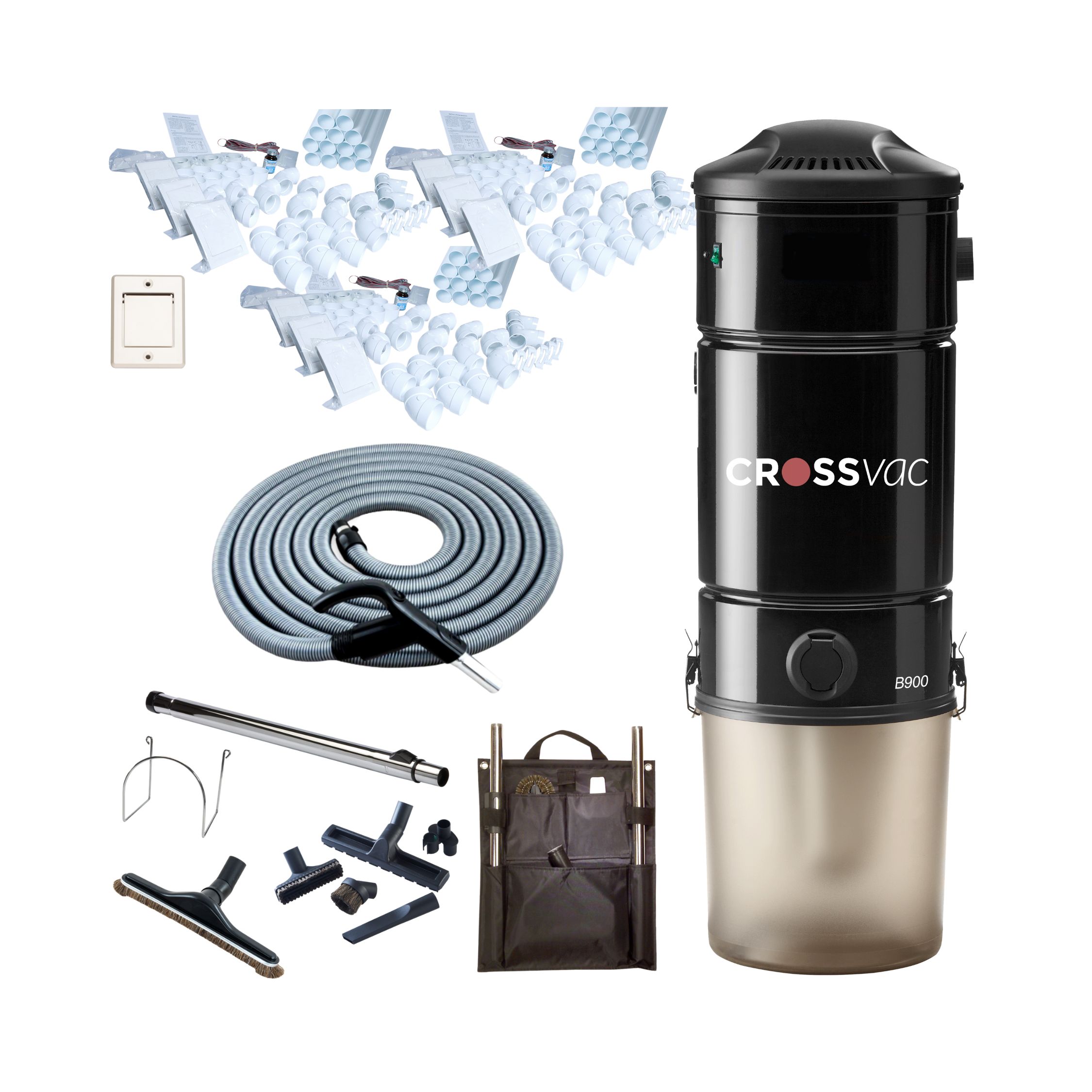 crossSetXLB900 Zentralstaubsauger B900, Schlauch-Set On/Off, 9x Saugdosen & Installationsmaterial