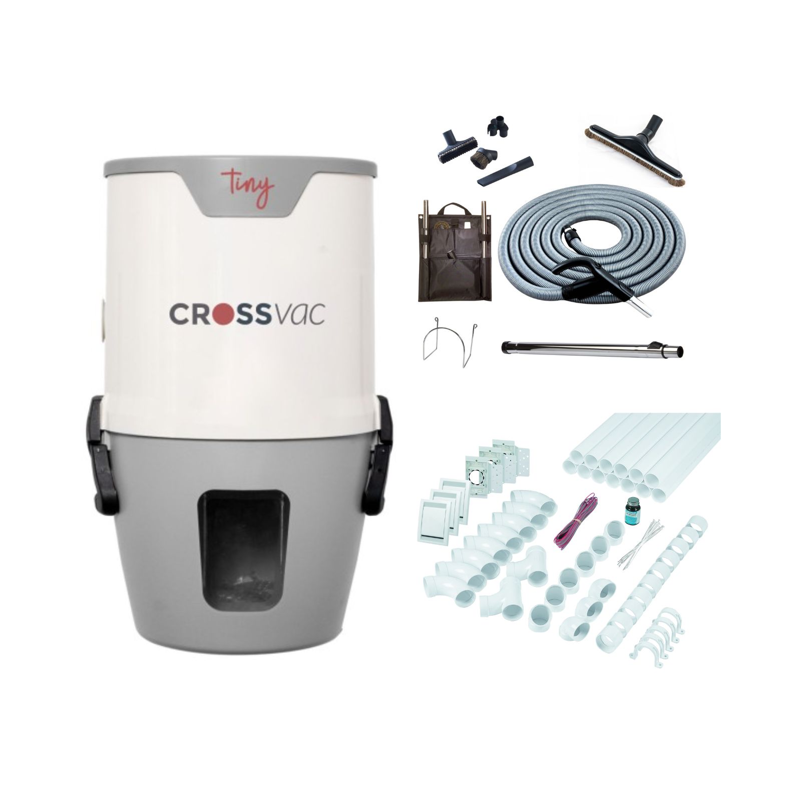 Zentralstaubsauger Set Tiny mit Schlauch-Set, 3 Saugdosen und Installationsmaterial Zentralstaubsauger Set Tiny mit Schlauch-Set, 3 Saugdosen und Installationsmaterial